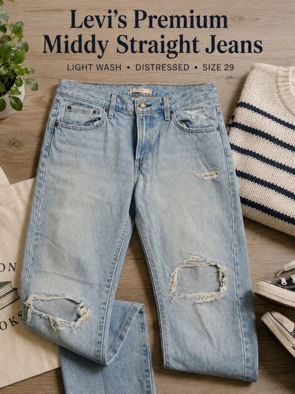 Levi’s Premium Middy Straight Distressed Jeans Women’s Size 29 Light Wash 32x31